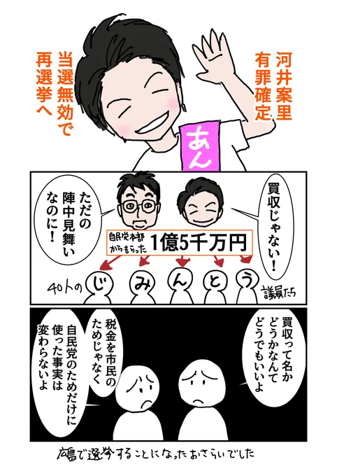 河井案里氏の買収が有罪確定してるのに、総額1億5千万円もの資金工面した自民党本部も、受け取った自民党議員もだーれも有罪になってないんですよ。おかしいですよねー。 