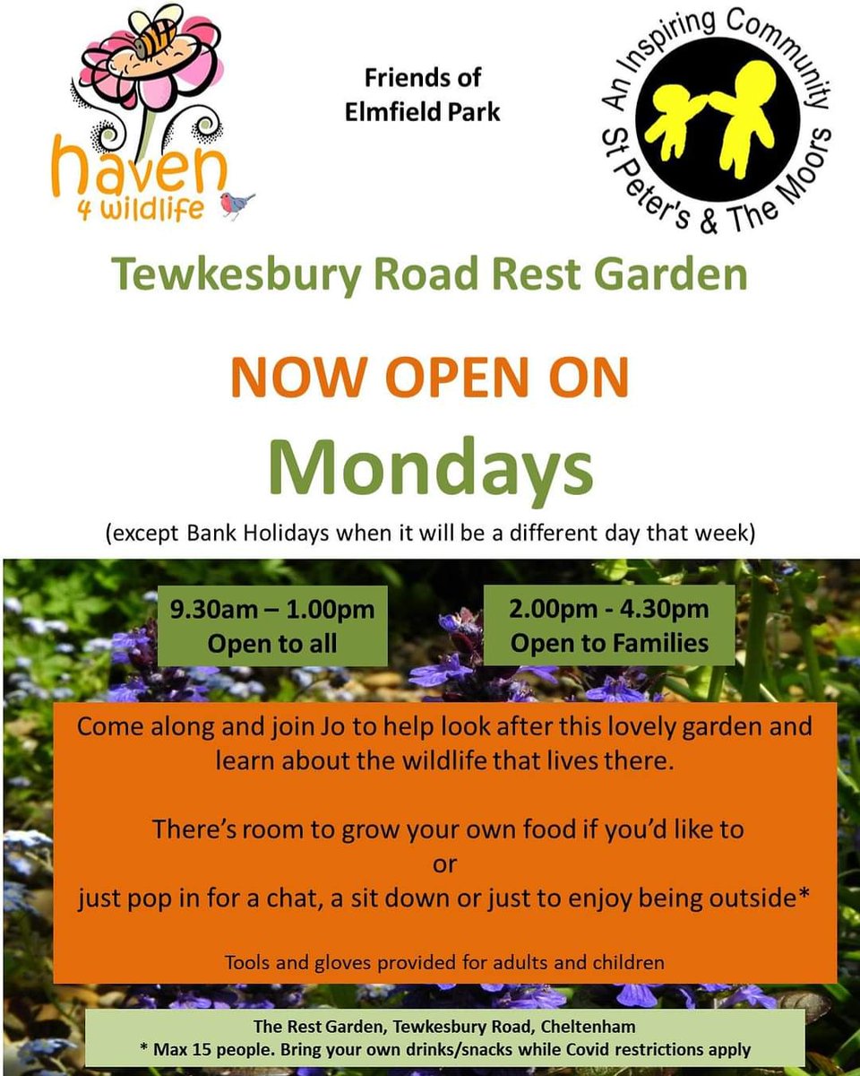 Great news! Jo is back in the Tewkesbury Road Rest Garden on Mondays from next week!

9.30 til 1pm for all ages, 2pm til 4.30pm for families.
<a href="/haven4wildlife/">Haven 4 Wildlife</a> <a href="/BigLocalChelt/">Big Local Cheltenham</a> <a href="/CheltenhamParks/">Cheltenham Parks</a>