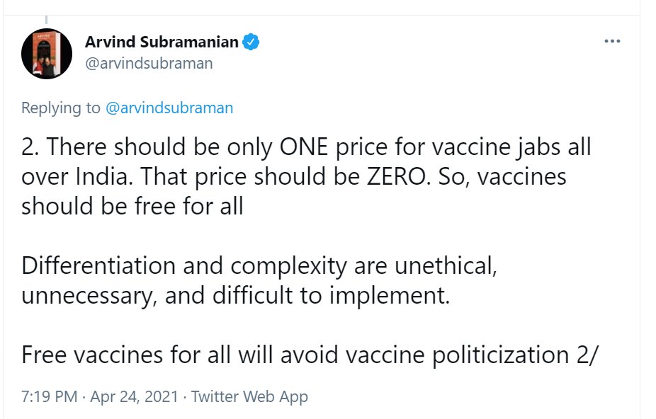 Lot of sensational narrative on why is there is so called differential pricing on vaccines between states & centre or that why has vaccine been opened for private sector etc?A thread exposing such fraudulent commentary. (Sample tweets by  @FarOutAkhtar &  @arvindsubraman ) 1/10