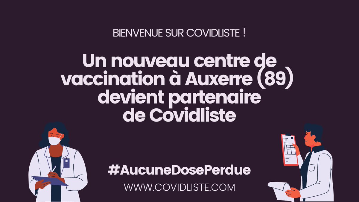 Covidliste (@covidliste) on Twitter photo Bienvenue et merci! 👋
Le centre de vaccination de <a href="/auxerrexpo/">Auxerrexpo</a> <a href="/VilleAuxerre/">Ville Auxerre</a> <a href="/Departement89/">Département Yonne</a> a rejoint <a href="/covidliste/">Covidliste</a> !
<a href="/CrescentMarault/">Crescent MARAULT</a> <a href="/Prefet89/">Préfet de l'Yonne 🇨🇵🇪🇺</a> <a href="/arsbfc/">ARS BFC</a> 👀
📋 Professionnels de santé: inscription partenaire sur covidliste.com/partenaires
#AucuneDosePerdue Bienvenue et merci! 👋
Le centre de vaccination de <a href="/auxerrexpo/">Auxerrexpo</a> <a href="/VilleAuxerre/">Ville Auxerre</a> <a href="/Departement89/">Département Yonne</a> a rejoint <a href="/covidliste/">Covidliste</a> !
<a href="/CrescentMarault/">Crescent MARAULT</a> <a href="/Prefet89/">Préfet de l'Yonne 🇨🇵🇪🇺</a> <a href="/arsbfc/">ARS BFC</a> 👀
📋 Professionnels de santé: inscription partenaire sur covidliste.com/partenaires
#AucuneDosePerdue