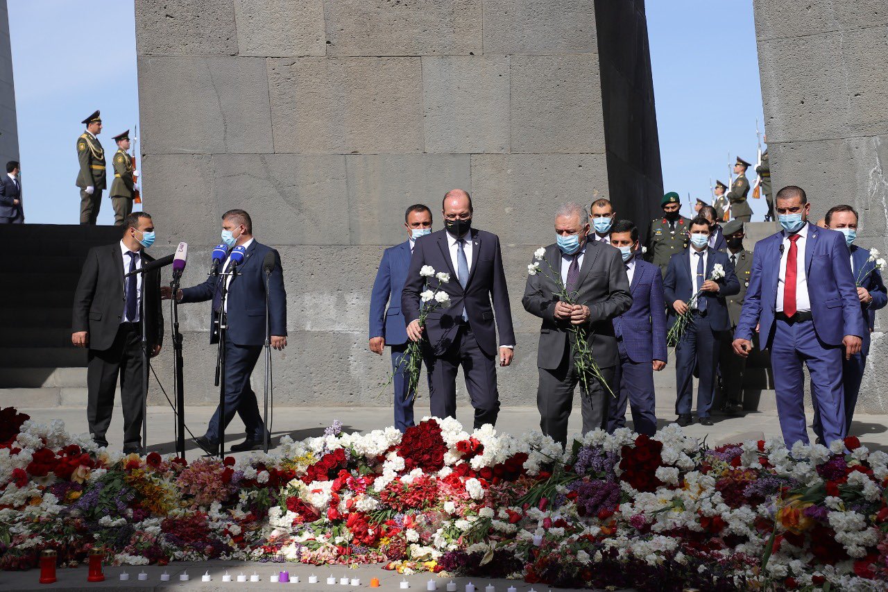 Cypriot Defence Minister Petrides at the Tsitsernakaberd Armenian Genocide Memorial Complex on April 24, 2021.