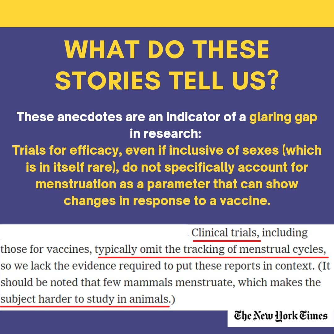 There is no conclusive evidence to suggest a relationship between Covid-19 vaccination and menstruation, we should push for more research. The testing of vaccination has been dominated by a first-come-first serve process, which leaves little space for controlling for sex ratio.