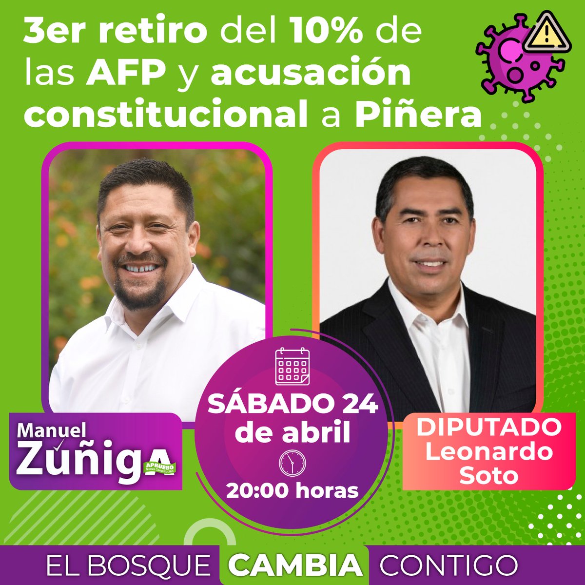 manuelzunigaok's tweet photo. Amigos y amigas de #ElBosque hoy nos conectamos a las 20:00 horas para conversar con el Diputado @LeoSotoChile sobre el proyecto de #tercerretiro10xcientoahora de las AFP y sobre la #AcusacionConstitucionalAPiñera. Los espero en mi página de Facebook https://t.co/IHAn4U0lKt