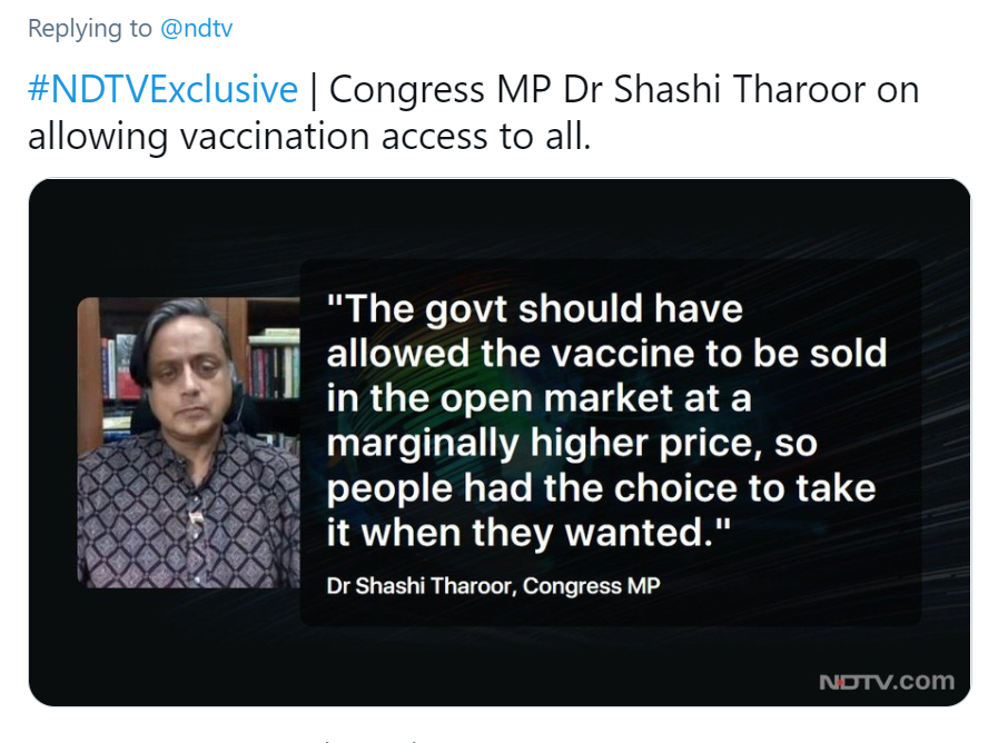Here are examples of Congress party asking for opening up vaccination processA)  @RahulGandhi in letter to PM: "Give states greater say in vaccine procurement and distribution"B)  @DrAMSinghvi: Asking for private playersC)  @ShashiTharoor: For open market at higher prices 4/10