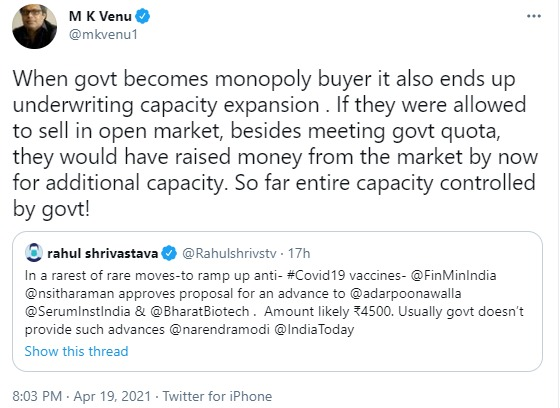 Examples of Editorials / journalists / influencers asking for opening vaccination and allowing open market:A) TOI Editorial 2) The Wire Founder  @mkvenu3) Print Founder  @ShekharGupta ran a full campaign4) Industrialist  @anandmahindra All asked for open market. 5/10