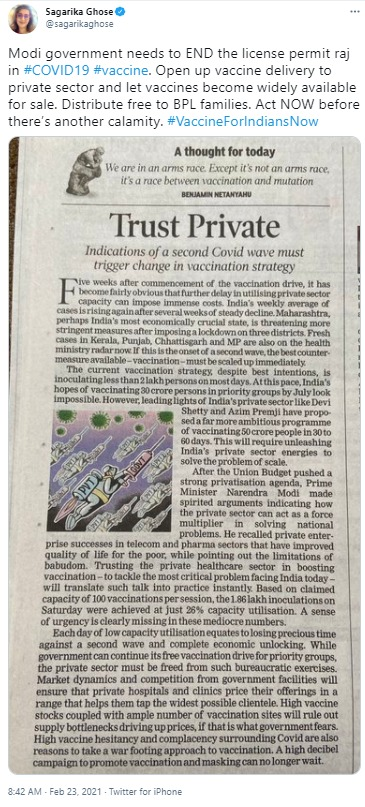 Examples of Editorials / journalists / influencers asking for opening vaccination and allowing open market:A) TOI Editorial 2) The Wire Founder  @mkvenu3) Print Founder  @ShekharGupta ran a full campaign4) Industrialist  @anandmahindra All asked for open market. 5/10