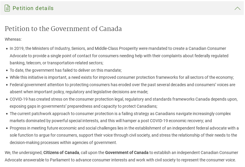 Petition to create a Canadian Consumer Advocate
petitions.ourcommons.ca/en/Petition/De…