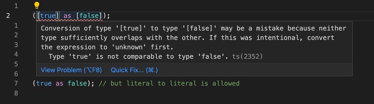 acutmore's tweet image. A subtle aspect of type-assertions in @TypeScript I hadn't paid much attention to before: Direct assertions between literals are allowed even though they are not a super/sub type of each other. 📘
Rationale: github.com/microsoft/Type…