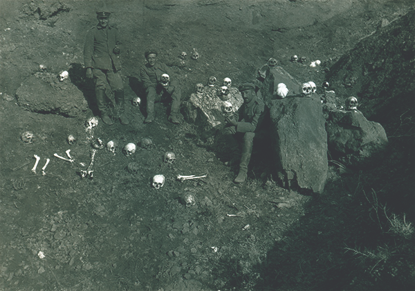 tw / human bones , skulls , death , disturbing imageryheritage. This violence continued on until the end of the war, with the majority of the Armenian being slaughtered. Pictured below are allied German soldiers with Armenian remains in Ottoman territory. (11/19)