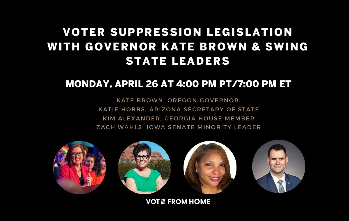 Suppress the vote. Win elections. That's the Republican strategy for 2022. I'm looking forward to speaking with @katiehobbs, Georgia House Rep. Kim Alexander, and @ZachWahls about harmful legislation in their states. RSVP ➡️ votefromhomeusa.org/govbrownevent