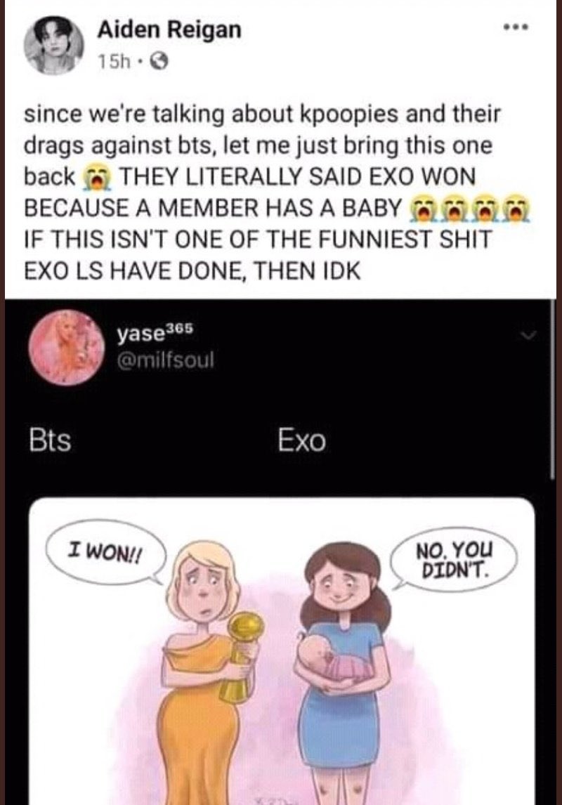 I actually don't know what's wrong with this... But the tweet was made by an exol and they ss-ed it. NGL the comments were horrible. It was actually horrible. But they apologized and took down their post and even they deactivated. But if one apologize for bully, then why+