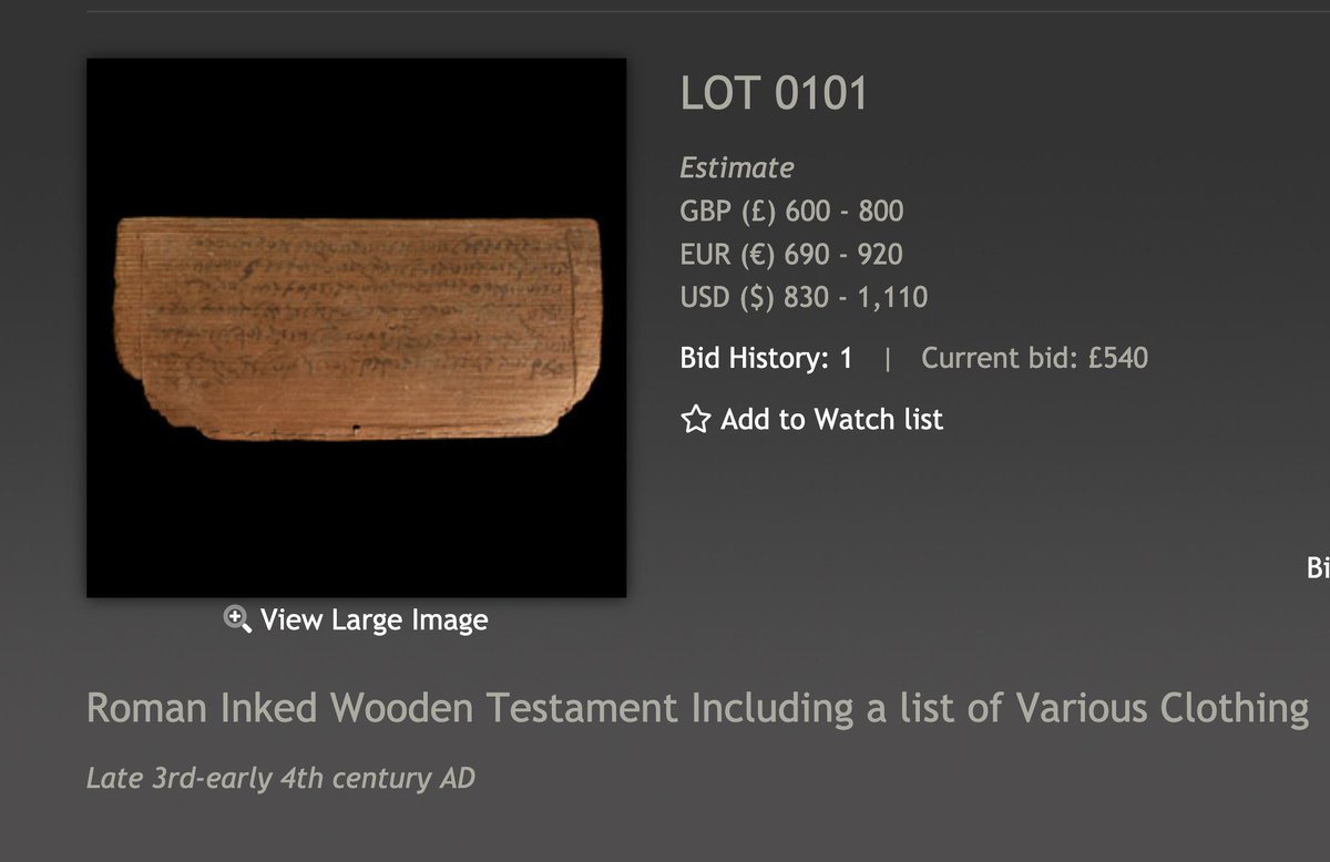 Yet more perfectly preserved "Roman" wooden tablets with the types of text not found on wood! Cool cool cool. (Thread on some prior sales:  https://twitter.com/artcrimeprof/status/1319315796657655808?s=20)