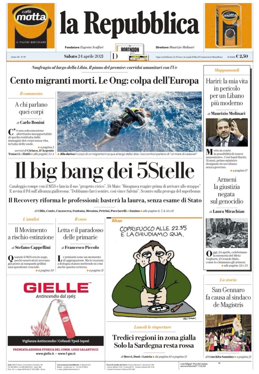 La prima di oggi. Avremmo invertito gli argomenti di apertura e falsa apertura. Bonini prima lettura. Titolone forte ma ci sta: al big bang ci pensa Gielle. MM ancora in prima con un'intervista, sempre lì. Piccolo sprecato per il Cacciucco. Altan ok. Mirachian seconda lettura.