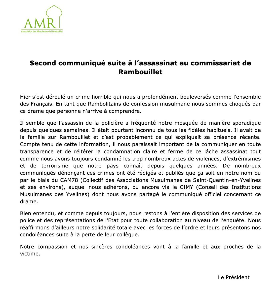 Suite à de nouvelles informations, l'AMR a jugé nécessaire de publier ce second communiqué.
