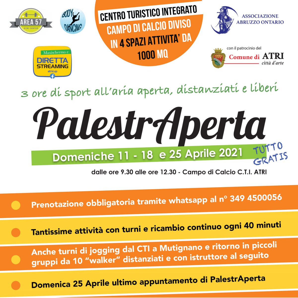 atri_cup's tweet photo. Mancano ancora poche ore all'ultimo appuntamento con PalestrAperta, cosa aspettate? Iscrivetevi tramite whatsapp al numero 349.4500056. 📩
Vogliamo essere ancora più numerosi di domenica scorsa, per tornare a fare sport in tutta sicurezza, con il sorriso 🌞 #sport #atri #palestre https://t.co/DTfXXRLVIH