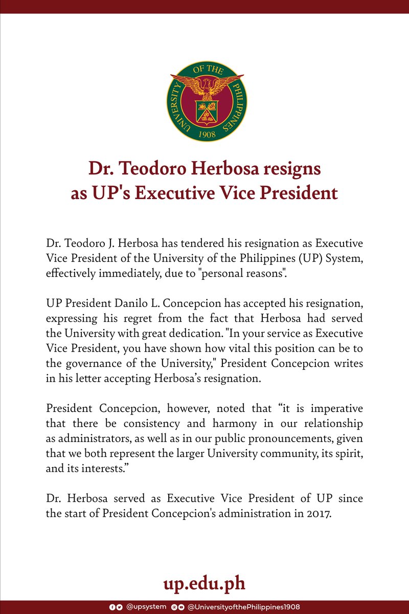 Dr. Teodoro Herbosa resigns as UP’s Executive Vice President

Read more here: up.edu.ph/dr-teodoro-her…
