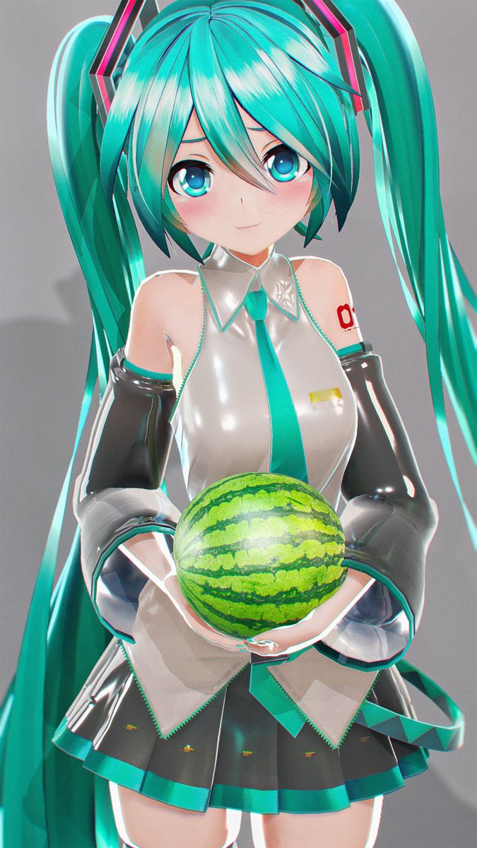 hatsune miku 1girl solo watermelon long hair twintails food fruit  illustration images