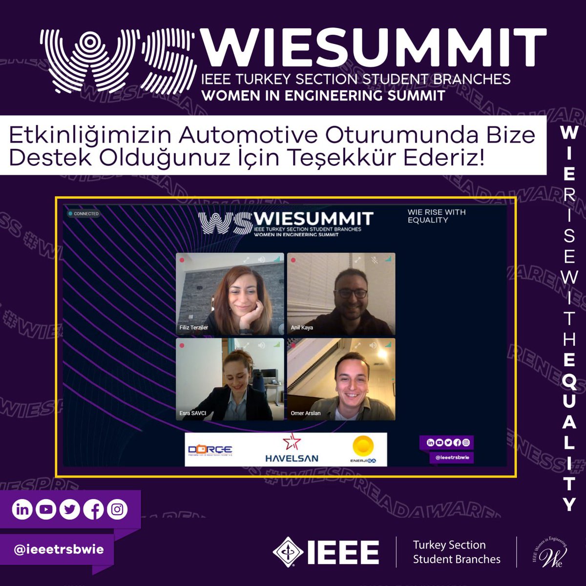 ieeetrsbwie's tweet photo. Etkinliğimizin Automotive oturumunda bize destek olduğu için  Esra Savcı’ya, Anıl Kaya’ya, Ömer Arslan’a ve Filiz Terziler’e teşekkür ederiz. 💜 

#ieee #ieeetrsb #wiespreadawareness #wierisewithequality #wielead https://t.co/GNRYBS7Q0V