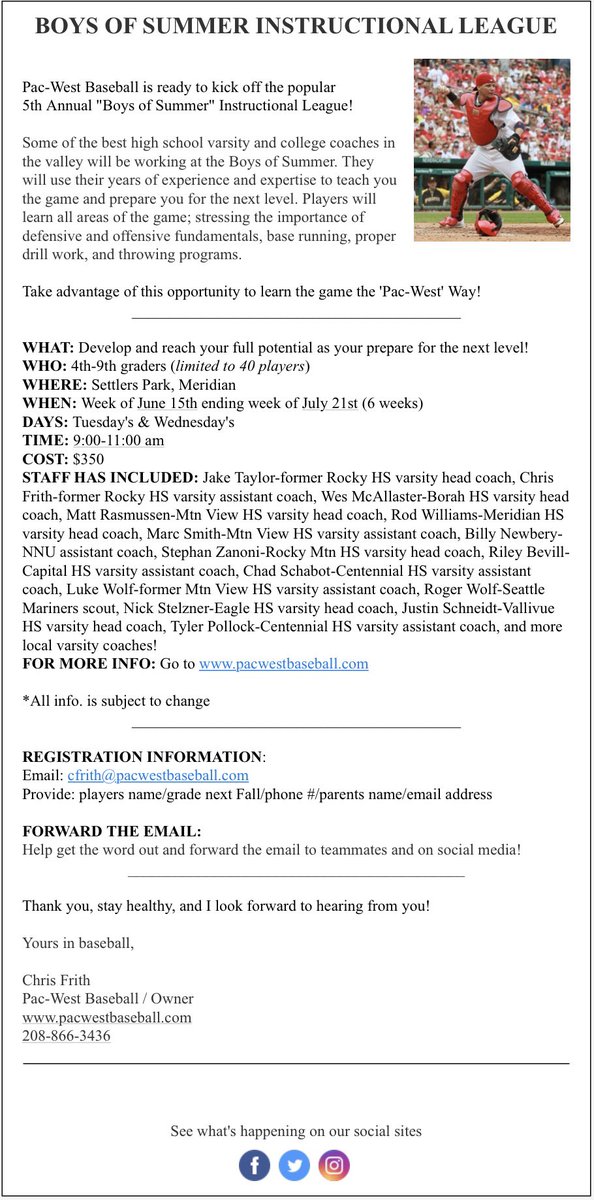 PacWestBaseball's tweet photo. Pac-West Baseball is excited to announce that registration for the 5th Annual “Boys of Summer” Instructional League is open! Register today! #baseball #Idaho https://t.co/X7xnYFkaSt