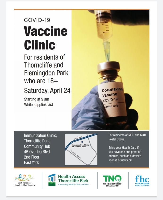 [ON] 18+ M3C M4H

Thorncliffe and Flemingdon THERE ARE STILL SO MANY VACCINES! Thorncliffe Community Hub @ 45 Overlea Blvd walk-ins only This is the BIGGEST popup yet so DO NOT MISS YOUR CHANCE HERE! SHORT LINE! #COVID19 #COVID19Vaccine #COVID19ON #vhcON