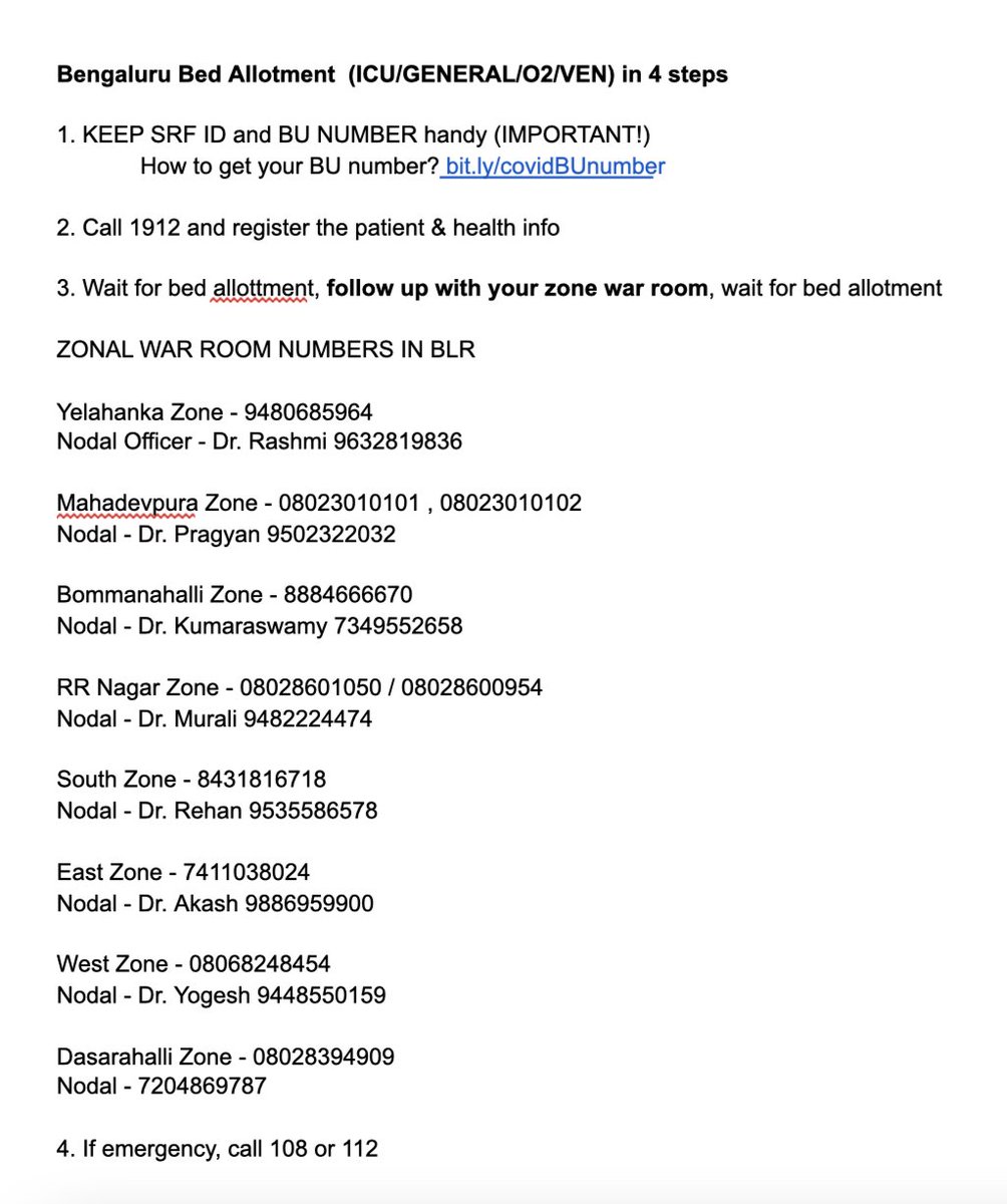 peakbengaluru's tweet photo. 🔴❓ 4 STEPS for Bed Allotment (ICU/Ventilator/O2/general) in Bengaluru ❓🔴

1. Get BU number (How? https://t.co/YZnTjFbkam)

2. Call 1912 and register patient info (Important!)

3. Wait for bed allotment, follow up with your zone war room

4. If emergency, call 108 or 112 https://t.co/PFRGAbAzef