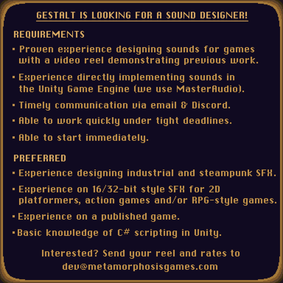 GestaltGame's tweet photo. *Sound* shot saturday? Gestalt is looking for an experienced sound designer! See below for the details, and apply at dev[at]metamorphosisgames[dot]com.

Direct experience implementing sounds in Unity is a must, and experience with steampunk SFX a (big) plus! 

#indiedev #gamedev https://t.co/2VWABPsWG7