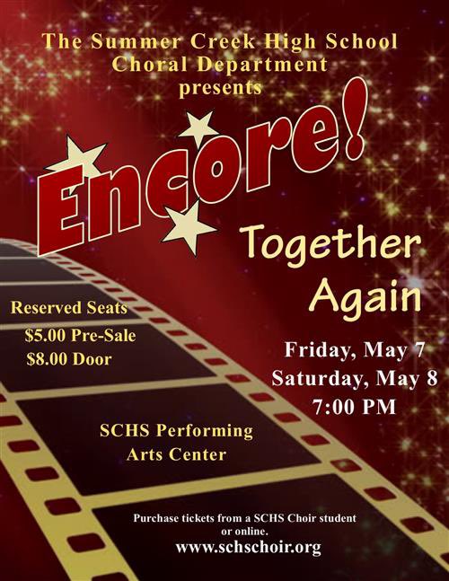 Tickets are on sale for our spring show-Encore! May 7 &amp; 8 at 7 PM. Go to schschoir.org for tickets. <a href="/HumbleISD_SCHS/">Summer Creek High</a> <a href="/WMSLionChoir/">Woodcreek MS Choir</a> <a href="/WLMSChoir/">West Lake Middle School Choir</a> <a href="/HumbleISD_SWE/">Summerwood Elementary</a> <a href="/HumbleISD_FCE/">Fall Creek Elem</a> <a href="/HumbleISD_RCE/">Ridge Creek Elem</a> <a href="/HumbleISD_LSE/">Lakeshore Elementary</a> <a href="/HumbleISD_Arts/">Humble ISD Fine Arts</a> <a href="/HumbleISD_CE/">Centennial Elementary</a> <a href="/HumbleISD/">Humble ISD</a>