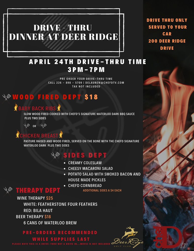 TODAY is the day! Drive Thru wood fired BBQ at Deer Ridge! 
If you don’t feel like BBQ there are lots of fabulous restaurants in KW that can use your help.    Thank you for your support!!