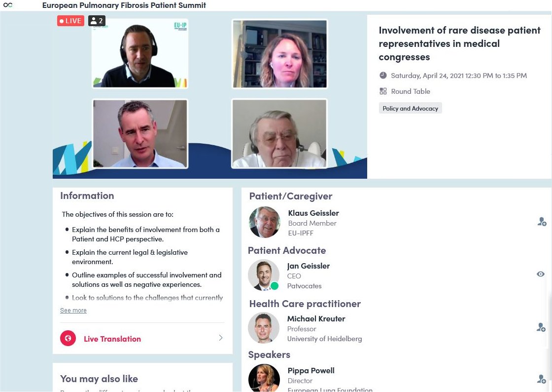 Having patient advocates attending and contributing to  medical congresses is key: understanding cutting edge science and addressing patients needs and preferences to clinicians. Thought provoking discussion about value as well as barriers to access at <a href="/EU_IPFF/">EU-PFF</a> #PFSummit21 today