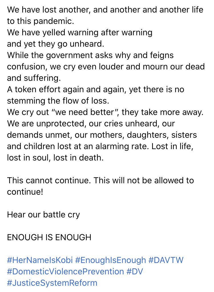 We have lost another, and another and another life to this pandemic.We have yelled warning after warning& yet they go unheard #HerNameIsKobi  #EnoughIsEnough  #DAVTW  @davtw2  @drvyom  @JaneCaro  @DrWilliams  @duskywhalerkate  @tarang_chawla  @Drhutch2011  @DMckateface  @NatCookMP