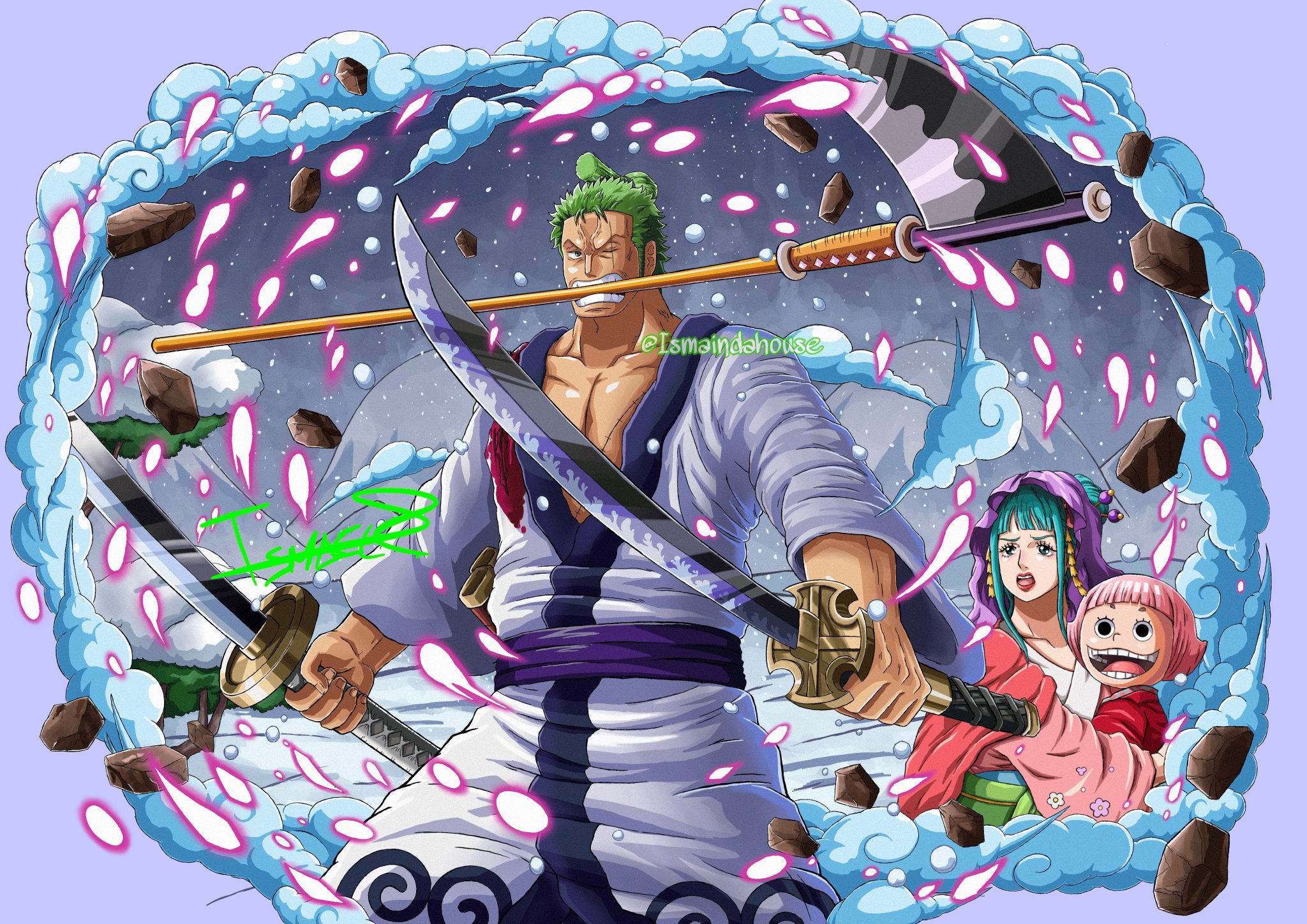 Isma 💯 on X: Santoryu Ougi! Rengoku Onigiri!! Una comisión de Roronoa  Zoro (Zorojuro) de One Piece. Me costó bastante hacerlo ¡Espero que os  guste! ❤️💯 #ONEPIECE #ロジャー #光月おでん #ワンピース  /