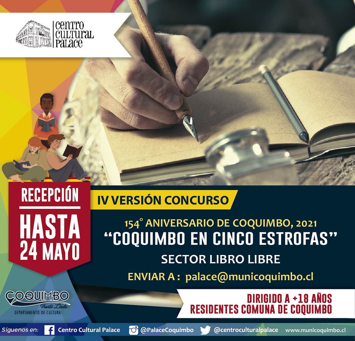 Descarga las bases del concurso en el siguiente link ➡️ 👇🏻😉

municoquimbo.cl/images/Slider_… 

La fecha cierre de recepción de poemas es el 24 de mayo… 👌🏻😊💻✒

#PalaceSomosTodos
#CentroCulturalPalace