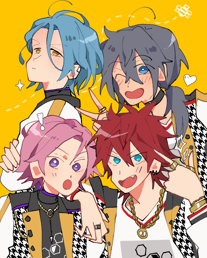 multiple boys blue eyes jewelry male focus blue hair red hair one eye closed  illustration images