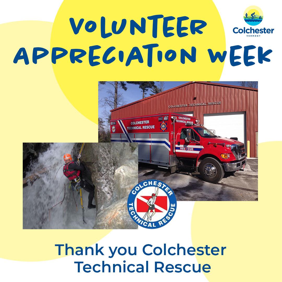 Colchester_VT's tweet image. April 18-24 is Volunteer Appreciation Week, &amp;amp; we are thanking all of the amazing, selfless volunteers that help keep the Town of Colchester running. Today, join us in thanking the Colchester Technical Rescue Squad! Read the official thank-you letter here: conta.cc/2Pmmr6o