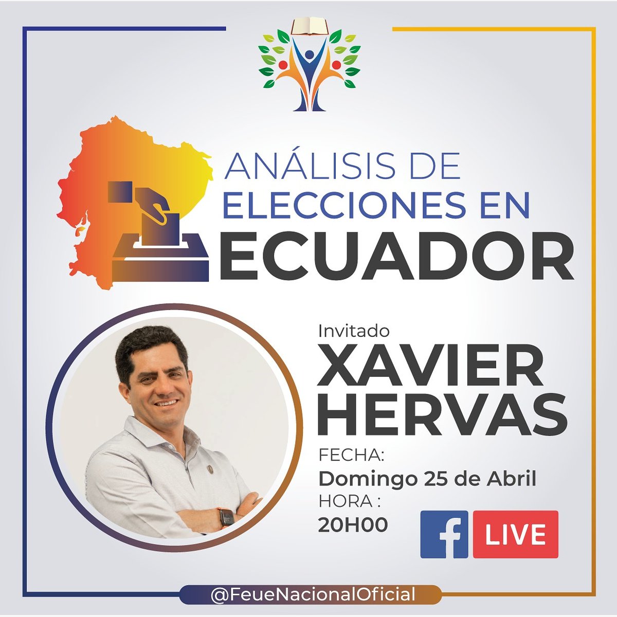 FEUE NACIONAL (@feueec) on Twitter photo 🗳ANÁLISIS DE LAS ELECCIONES EN ECUADOR 🇪🇨 2021, con
<a href="/xhervas/">Xavier Hervas</a>
Domingo 25 de abril les esperamos desde nuestras redes de @FeueNacionalOficial a las 20h00 🗳ANÁLISIS DE LAS ELECCIONES EN ECUADOR 🇪🇨 2021, con
<a href="/xhervas/">Xavier Hervas</a>
Domingo 25 de abril les esperamos desde nuestras redes de @FeueNacionalOficial a las 20h00