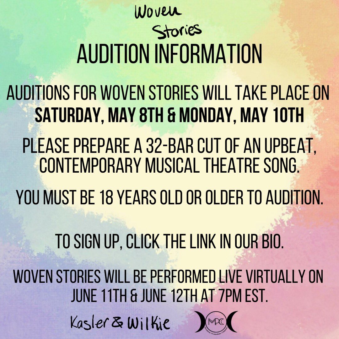 morphproco's tweet image. Announcing auditions for Woven Stories! Audition info below! To sign up for a slot click the link in our bio! Woven Stories will be performed LIVE virtually on Friday, 6/11 and Saturday, 6/12 at 7pm EST.
#wovenstories #newmusical #musicaltheatre #auditions #virtualauditions