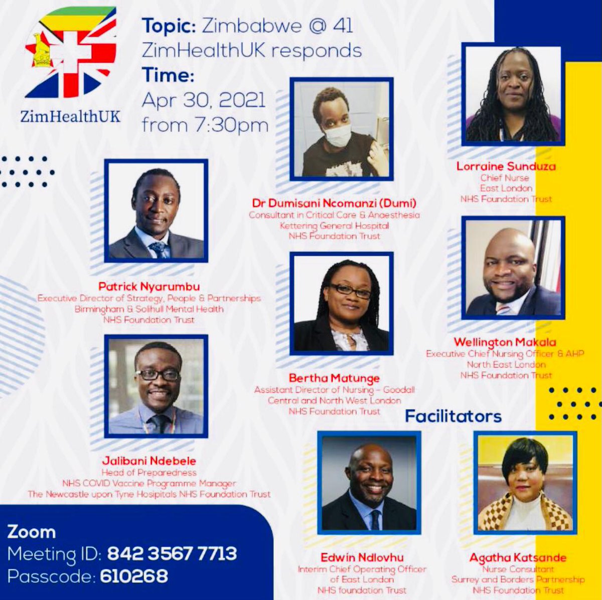 📢📣Super excited to announce this 'AWESOME' event📣📢

@ZimHealthUK is hosting a celebration & reflection of #Zim@41 🇿🇼 from a #diasporalens 

Don’t miss out with a panel of truly inspirational clinicians👌🏾🇿🇼

@paddynhs @EdwinCCN 📢 @LorraineSunduza @wmakala #DrDumiNcomanzi