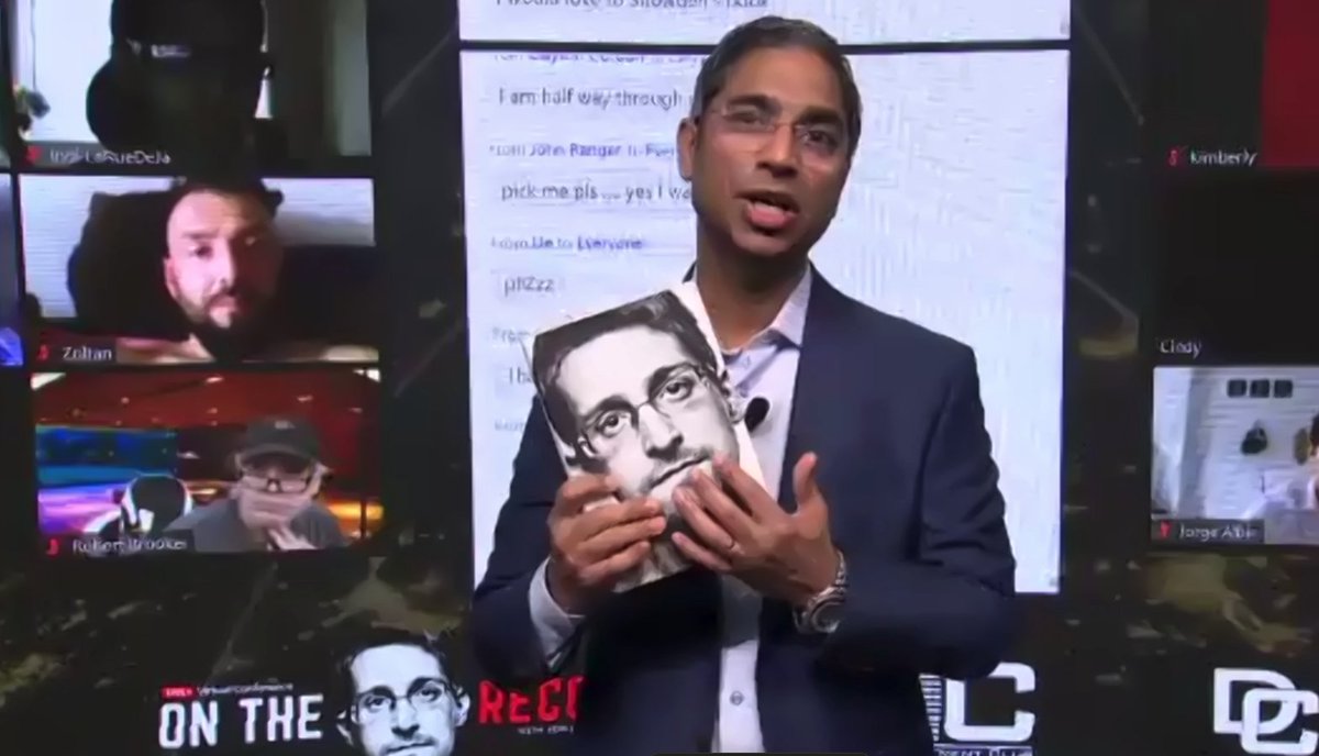 Host says one person will win an autographed version of Snowden's memoir, adding: "By the way, he doesn't do that anymore."If "anymore" means ever since February, then sure.