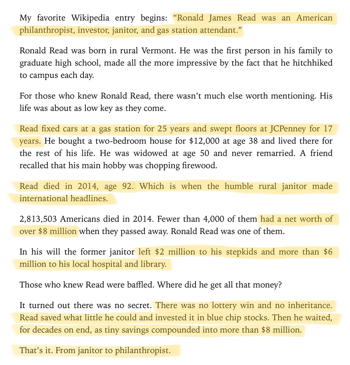 26/Time is indeed a super power.For example, here's the inspiring story of a janitor who built a fortune by compounding small savings over decades.It's from  @morganhousel's book, The Psychology of Money.If I quote this any more often, Morgan's going to want a royalty!