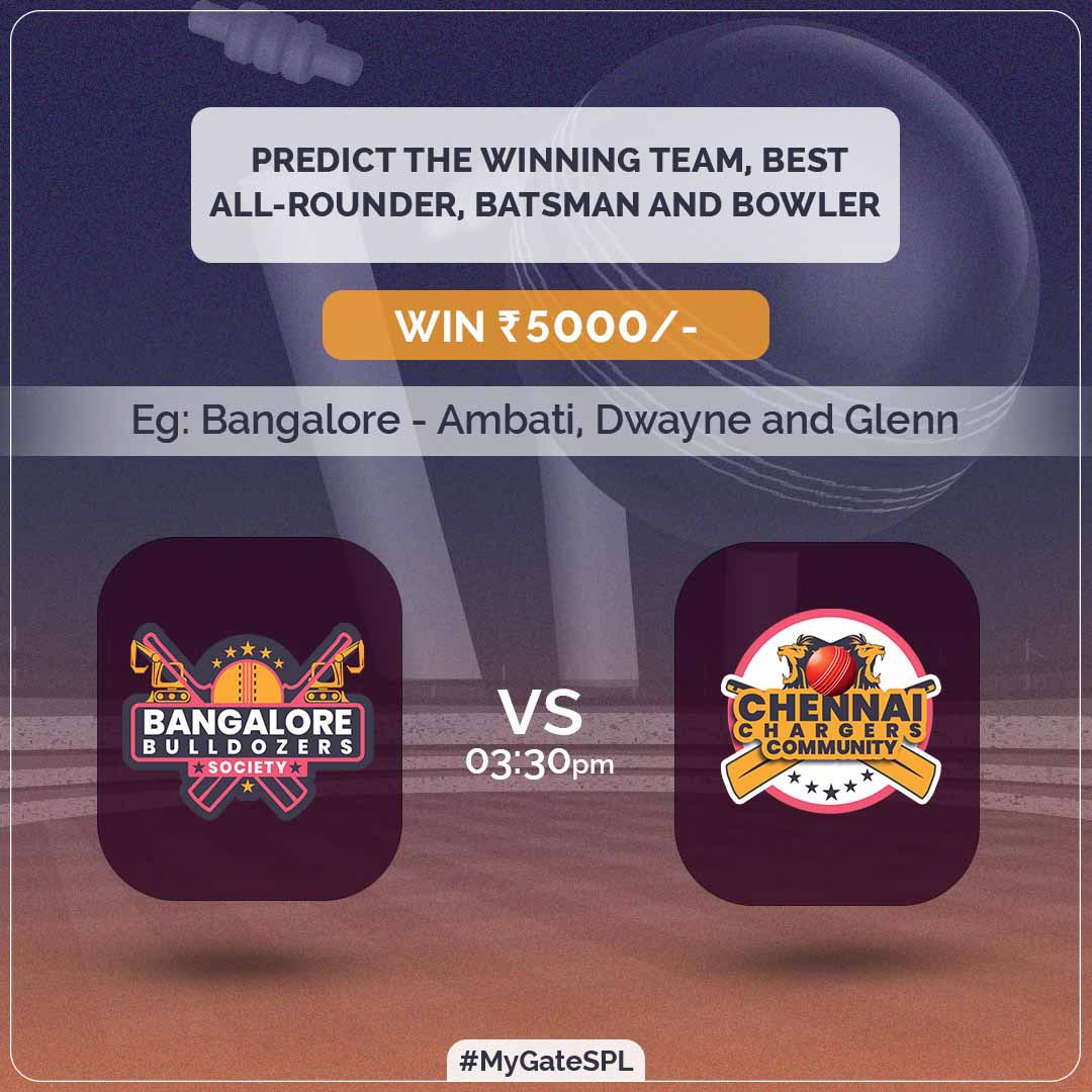 Predict the winning string of the first battle today & tag your bffs to win additional 1k! 🤩💰

Pro-tip: Drop your comment using #MyGateSPL and #SPLPowerplay1 🏏

#MyGate #SocietyPremierLeague #SPL #Cricket #CricketTeams #ContestAlert #Games #PlayToWin  #ChennaiVsBangalore