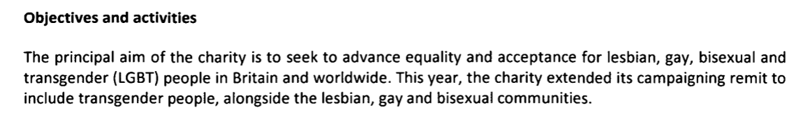In January 2015 Stonewall said it was an LGB charity in its annual report. Over the course of the year, it became an LGBT group, as it said in annual report published the following year. https://find-and-update.company-information.service.gov.uk/company/0...