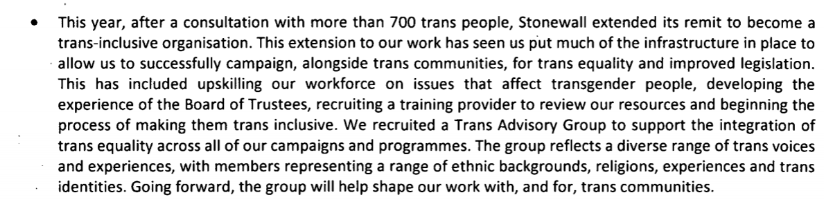In January 2015 Stonewall said it was an LGB charity in its annual report. Over the course of the year, it became an LGBT group, as it said in annual report published the following year. …https://find-and-update.company-information.service.gov.uk/company/02412299/filing-history?page=3
