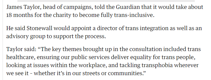 It's interesting that the grant is for two years. When Stonewall announced it would become trans inclusive in Feb 2015, the head of campaigns said it would be an 18 month project.  https://www.theguardian.com/uk-news/2015/feb/16/stonewall-start-campaigning-trans-equality