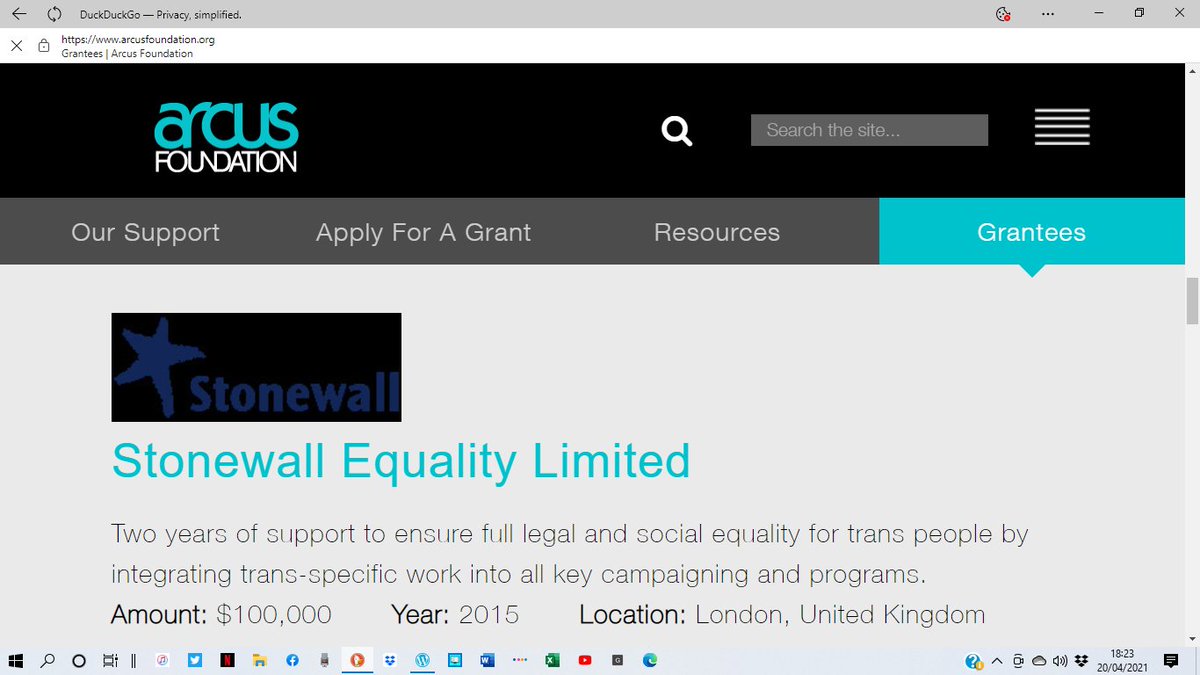 There's no mention of the $100,000 grant that Stonewall received from the Arcus Foundation, on condition it began campaigning for trans issues.  https://gendercriticalwoman.wordpress.com/2021/04/22/arcus-foundation-grants/