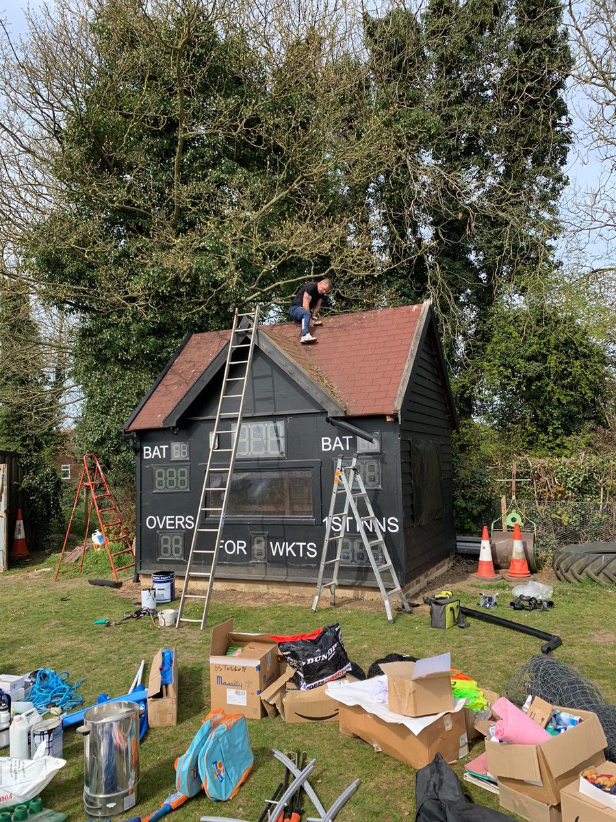 angus_coates's tweet photo. A very busy day @RocklandsCC with the final preparations before the season starts next Saturday. 
Massive thanks to all who came along to help with wicket &amp; car park preparations, hedging, kit sorting, score-hut maintenance, shed clearing and painting the picket fencing. #Cricket https://t.co/fxViXSG4fF