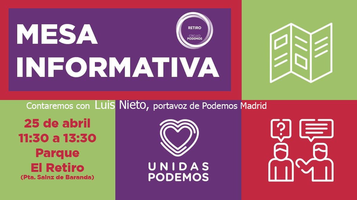 En el ecuador de la #PrimaveraMorada, @PodemosRetiro contará con la presencia en su mesa Informativa del portavoz de la ciudad de Madrid, @NietoLua, todo un placer.

Vente y conócele en la cercanía y resuelve tus dudas sobre el proyecto morado para los madrileñ@s