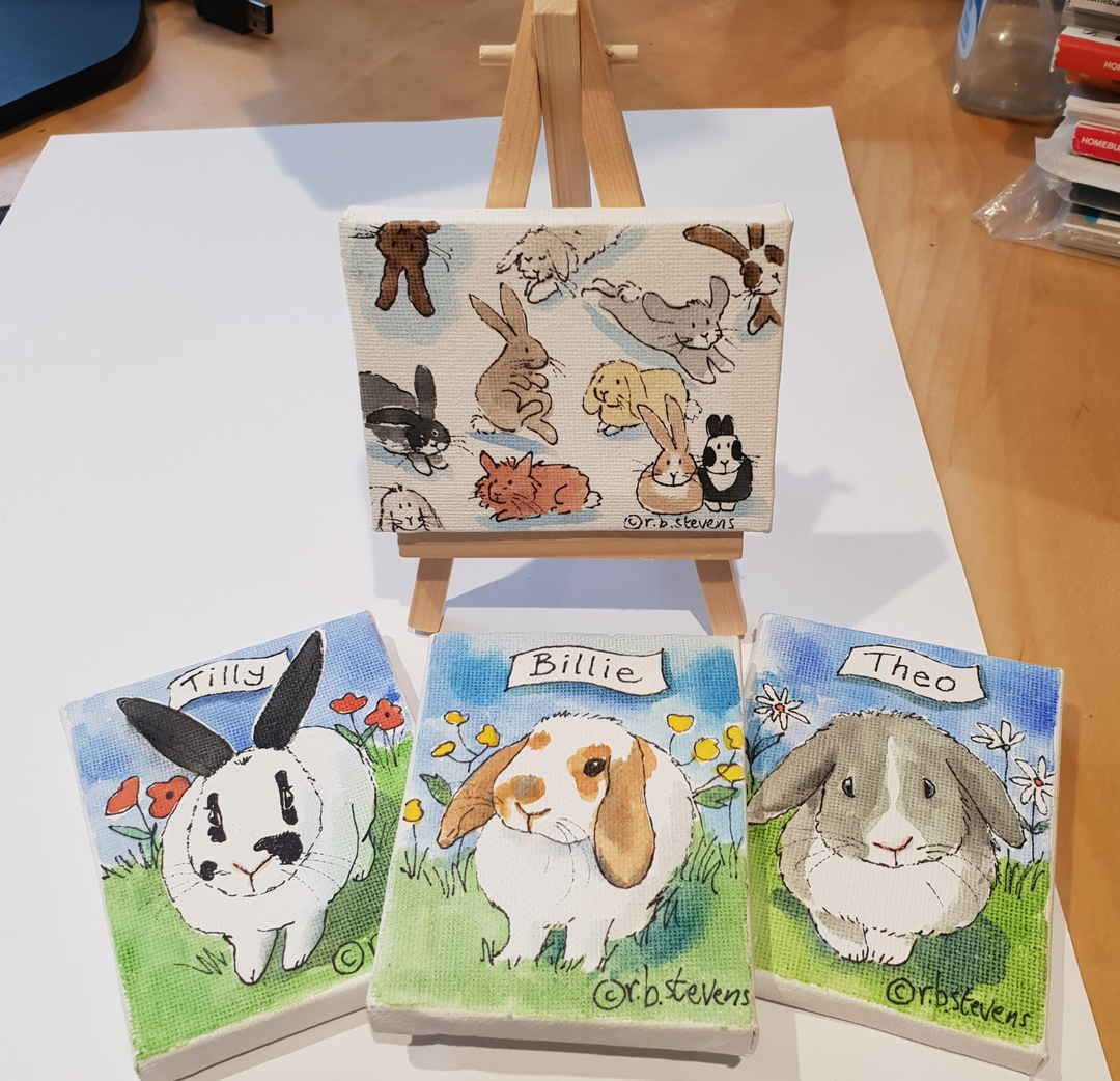 Cutest custom mini canvases by Rachel Stevens. #Bunny #Rabbit #OneHopShop #RabbitRetail #BunnyBusinesses #CustomArt #Custom #CustomPetArt #PetPortrait