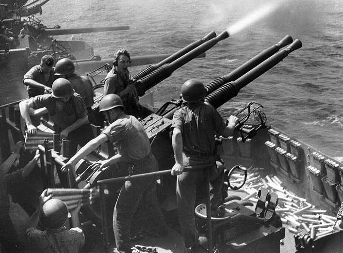Each ship received 2 Quad Bofors mounts, of USN fame, with their associated Mk 51 directors. Some ships also received single mounts as well. The 40mm Bofors was a highly successful autocannon and very effective. The same calibre as the Pom Pom, but a much newer weapon.(17/24)