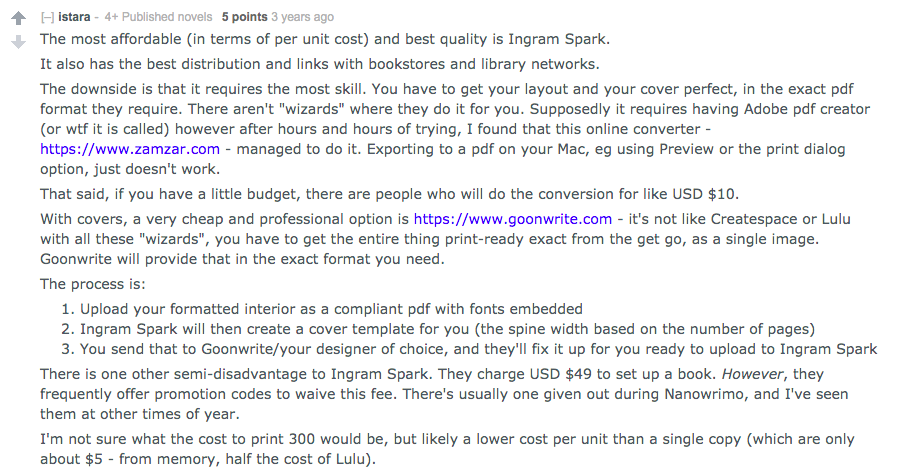Here is an interesting conversation from Reddit regarding, "an affordable self publishing resource:"  https://www.reddit.com/r/selfpublish/comments/7x3mx2/looking_for_affordable_book_printing_company/