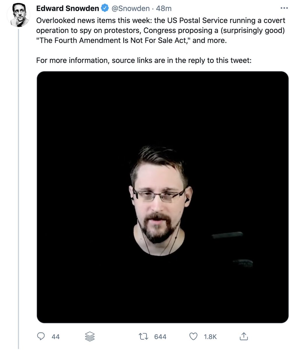 To prove that Snowden is (eventually) going to appear at this seminar, host plays first few seconds of a recent video tweeted by Snowden that mentions the event at the top.